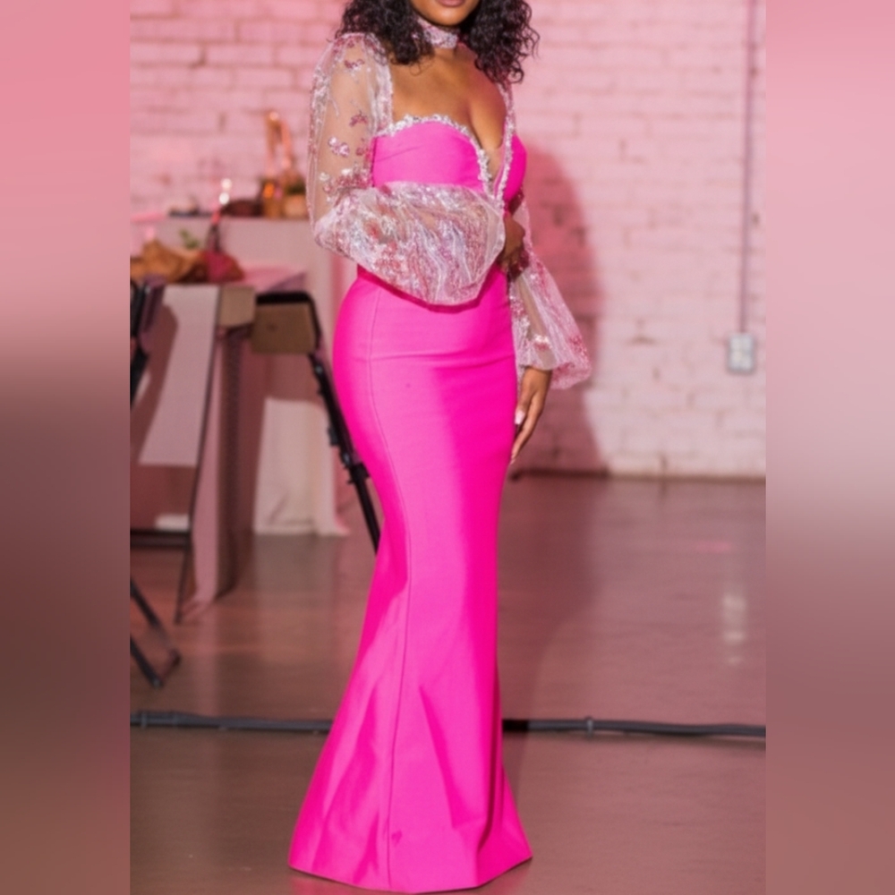 Bandage Pink Maxi Dress with Lace Sheer Sleeves